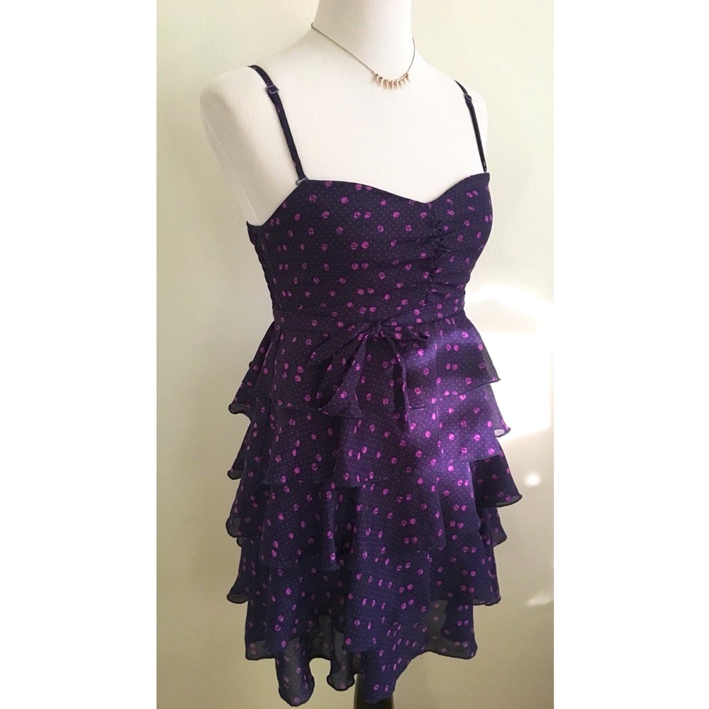 Volcom Retro Barbiecore Purple Polkadot Tiered Ruffled Party Dress ✨